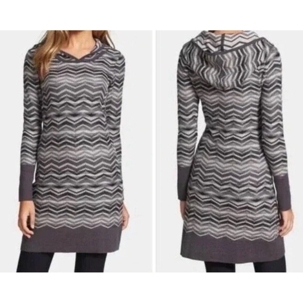 PRANA - Hooded Dress - Women's XS Gray Organic Cotton Outdoors - Chevron L/S